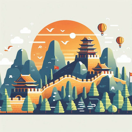 Vector illustration of the ancient Chinese city in flat style. Landscape of China.のイラスト素材