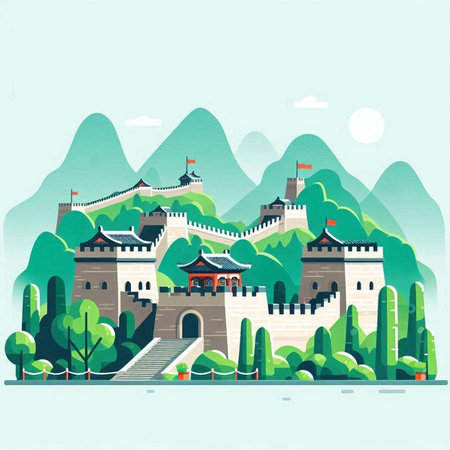 Landscape with Great Wall of China. Vector illustration in flat styleのイラスト素材