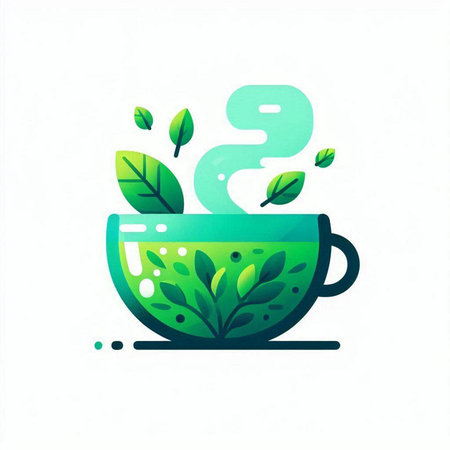 Cup of tea with green leaves. Vector illustration in flat style.のイラスト素材