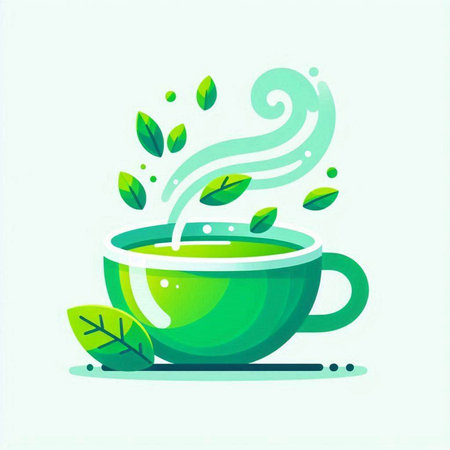 Cup of green tea with leaves and steam. Vector illustration.のイラスト素材