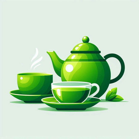 Green tea set with teapot and cup. Vector illustration.のイラスト素材