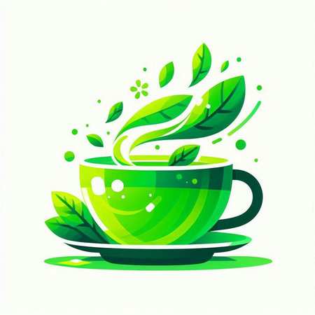 Cup of green tea with green leaves on white background. Vector illustration.のイラスト素材