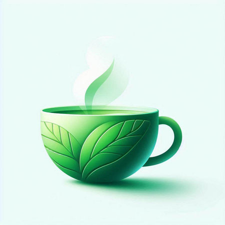 Cup of tea with green leaves on a light blue background.のイラスト素材