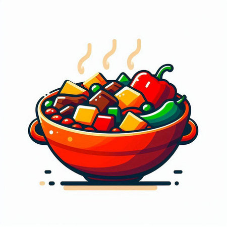 Colorful vector illustration of a bowl of spicy stewed vegetables.のイラスト素材