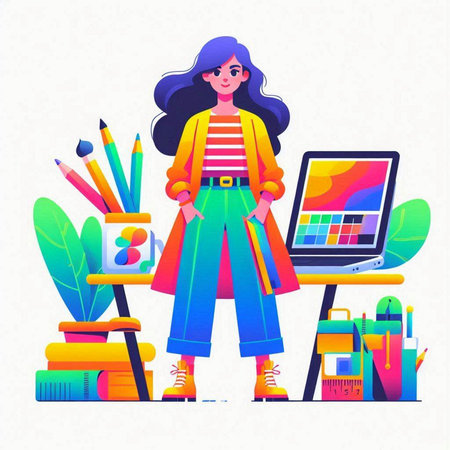Vector illustration of a girl with a laptop and a set of school suppliesのイラスト素材