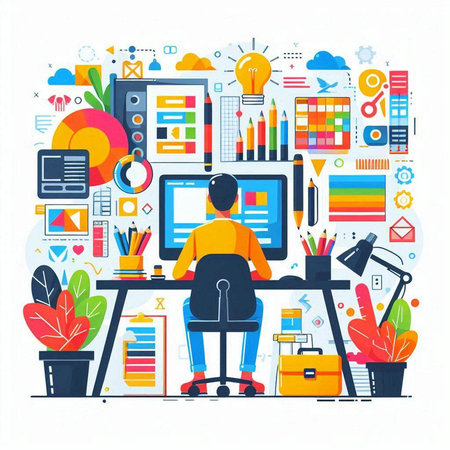Creative process concept. Businessman working at office desk. Vector illustrationのイラスト素材