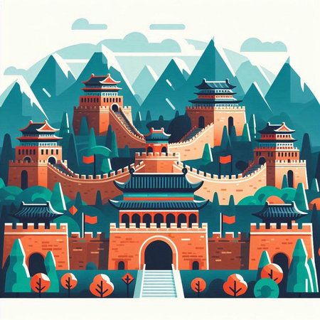 Beautiful vector illustration of the Great Wall of China in cartoon styleのイラスト素材