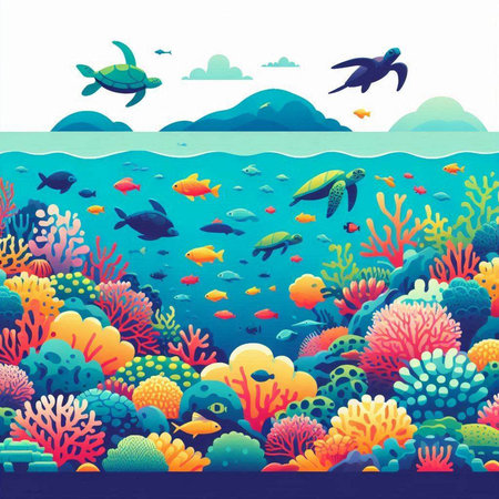 Coral reef with turtle and tropical fish. Vector illustration in flat styleのイラスト素材