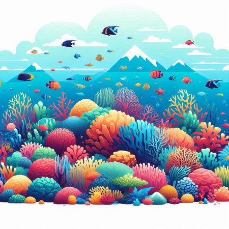 Underwater landscape with coral reef, fish and fish. Vector illustration.のイラスト素材