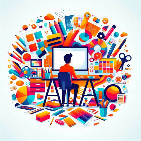 Vector illustration of a young man sitting at a desk in front of a computer screen.のイラスト素材