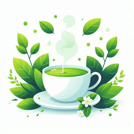 Cup of green tea with leaves and flowers. Vector illustration.のイラスト素材