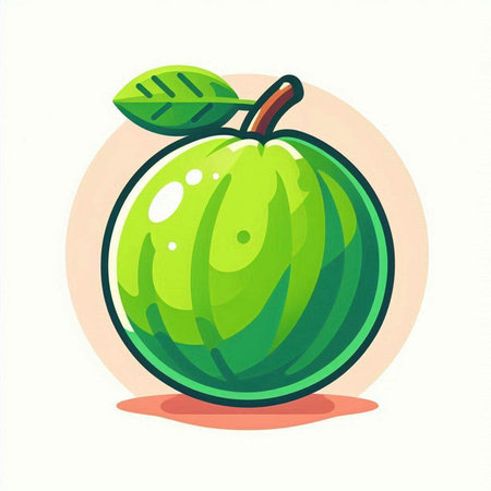 Fruit icon. Vector illustration of a green apple with leaves.のイラスト素材