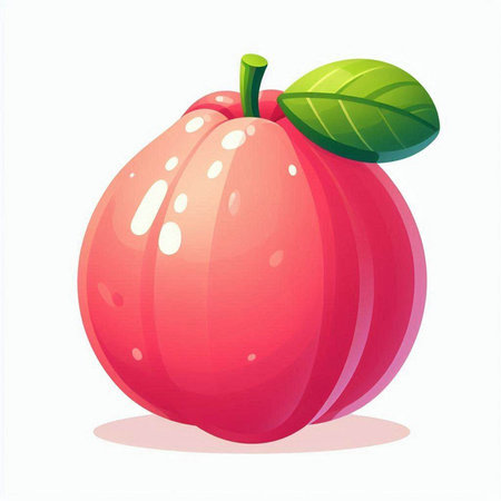 Illustration of a ripe red peach with leaves on a white backgroundのイラスト素材