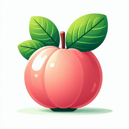 Illustration of a pink peach with green leaves on a white backgroundのイラスト素材