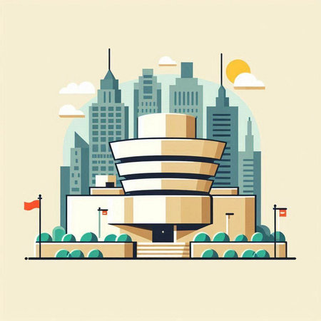 Modern building on the background of the city. Flat style vector illustration.のイラスト素材