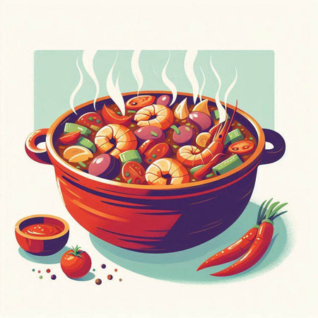 Illustration of a bowl of shrimps with vegetables and spicesのイラスト素材