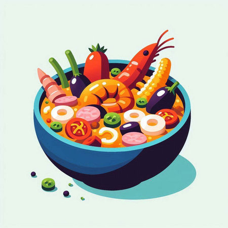 Illustration of a bowl of vegetables and seafood. Vector illustration.のイラスト素材
