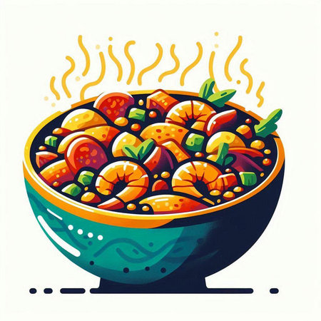 Illustration of a bowl of prawns and tomato soup.のイラスト素材