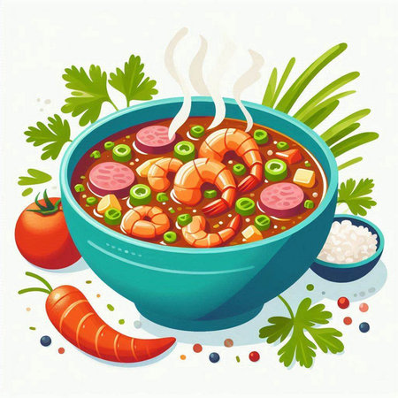 Illustration of a bowl of spicy soup with shrimps and vegetablesのイラスト素材