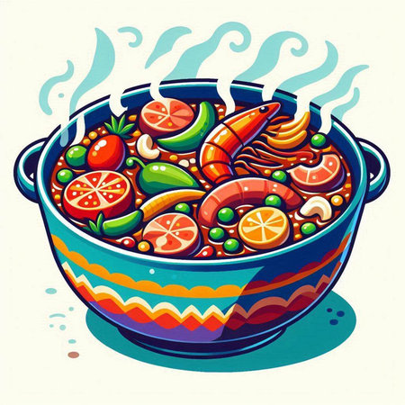 Illustration of a bowl of fish soup with vegetables and seafood.のイラスト素材