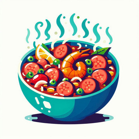 Soup with seafood and vegetables in a bowl. Vector illustration.のイラスト素材