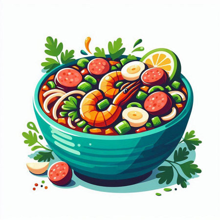 Vector illustration of a bowl of soup with shrimps and vegetablesのイラスト素材