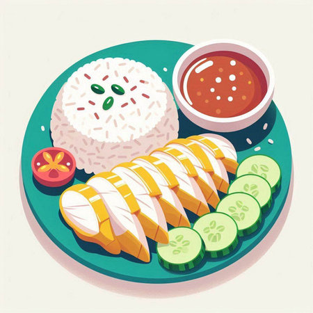 Illustration of grilled chicken with rice and cucumber on a plateのイラスト素材
