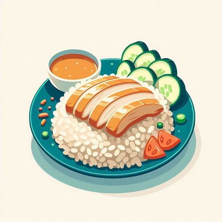 Illustration of a salmon on a plate with rice and vegetables.のイラスト素材