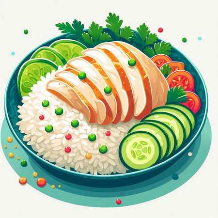 Illustration of a plate of rice with chicken and cucumber.のイラスト素材