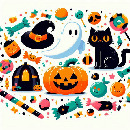 Halloween background with pumpkins, candies, sweets, witch hat and cat.のイラスト素材