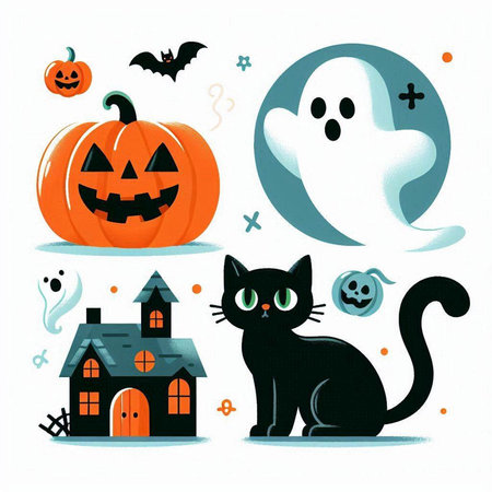 Halloween vector illustration with black cat, ghost, house and pumpkinのイラスト素材