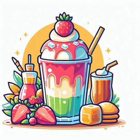 Strawberry milkshake with whipped cream and fruits. Vector illustration.のイラスト素材