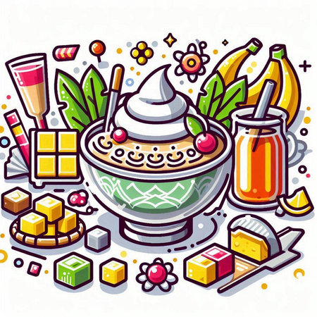 Vector illustration of food and drink in bowl on white background. Cartoon style.のイラスト素材