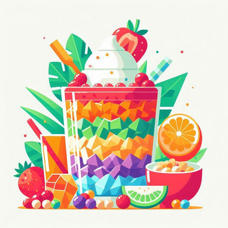 Fruit juice in a glass with ice cream, strawberries, oranges, kiwi. Vector illustration.のイラスト素材