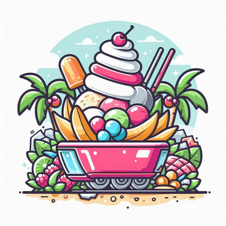 Colorful ice cream in the bowl on the beach. Vector illustrationのイラスト素材