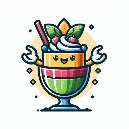 Mascot illustration of cup of coffee with whipped cream and cherry.のイラスト素材