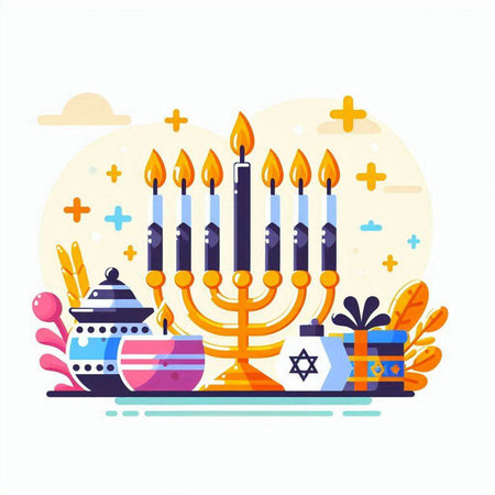 Vector illustration of Jewish holiday Hanukkah with menorah, candelabra, gift box and candles.のイラスト素材