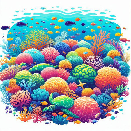 Colorful underwater world with corals and tropical fish. Vector illustration.のイラスト素材