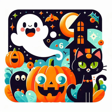 Halloween card with cute cat, ghost, moon and pumpkin. Vector illustration.のイラスト素材