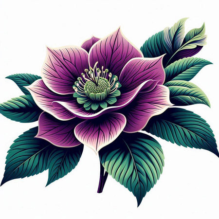 Vector illustration of a flower of hellebore with green leavesのイラスト素材