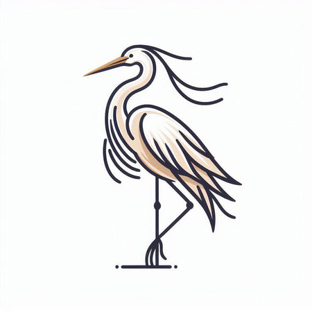 Illustration of a heron in a line art style on a white backgroundのイラスト素材