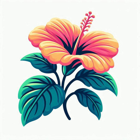 Hibiscus flower with green leaves on white background. Vector illustration.のイラスト素材