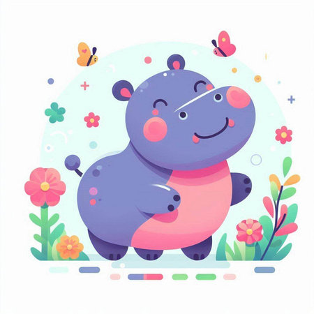 Cute hippo with flowers and butterflies. Vector illustration in cartoon style.のイラスト素材