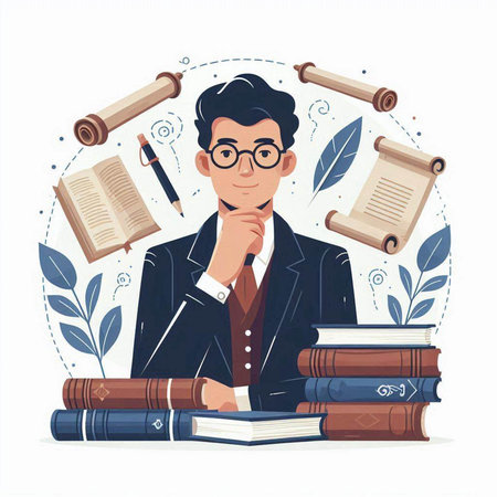 Vector illustration of a man in a business suit and glasses sitting on a stack of books and thinking.のイラスト素材