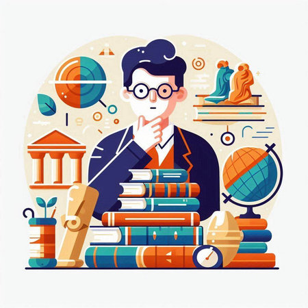 Back to school flat color vector illustration. Young man in glasses sitting on stack of books, studying and preparing for exam isolated cartoon character on white backgroundのイラスト素材