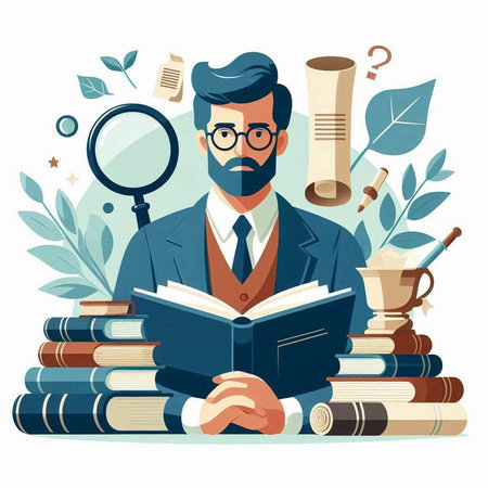 Vector illustration of a man reading a book, surrounded by books, magnifying glass and leaves.のイラスト素材