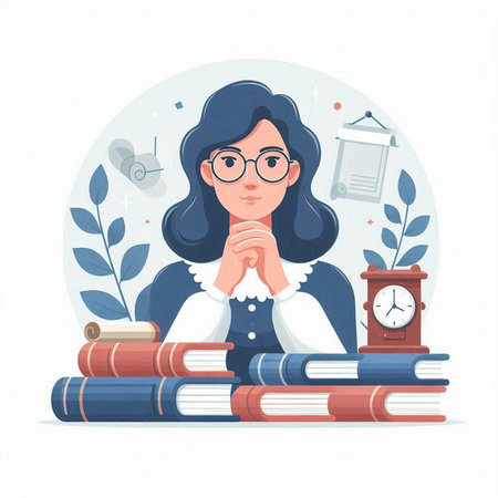 Vector illustration of a girl with glasses, books and clock in the circle.のイラスト素材