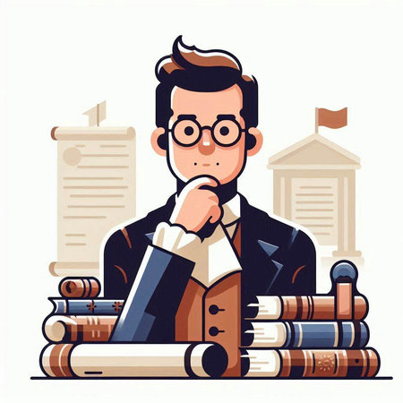 Vector illustration of a man in a business suit and glasses sitting at a pile of books.のイラスト素材