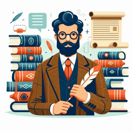 Businessman with a pen in his hand. Vector illustration in cartoon style.のイラスト素材