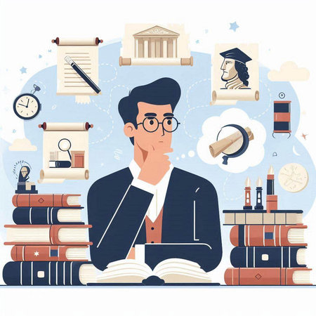 Man with books. Education concept. Vector illustration in flat style.のイラスト素材